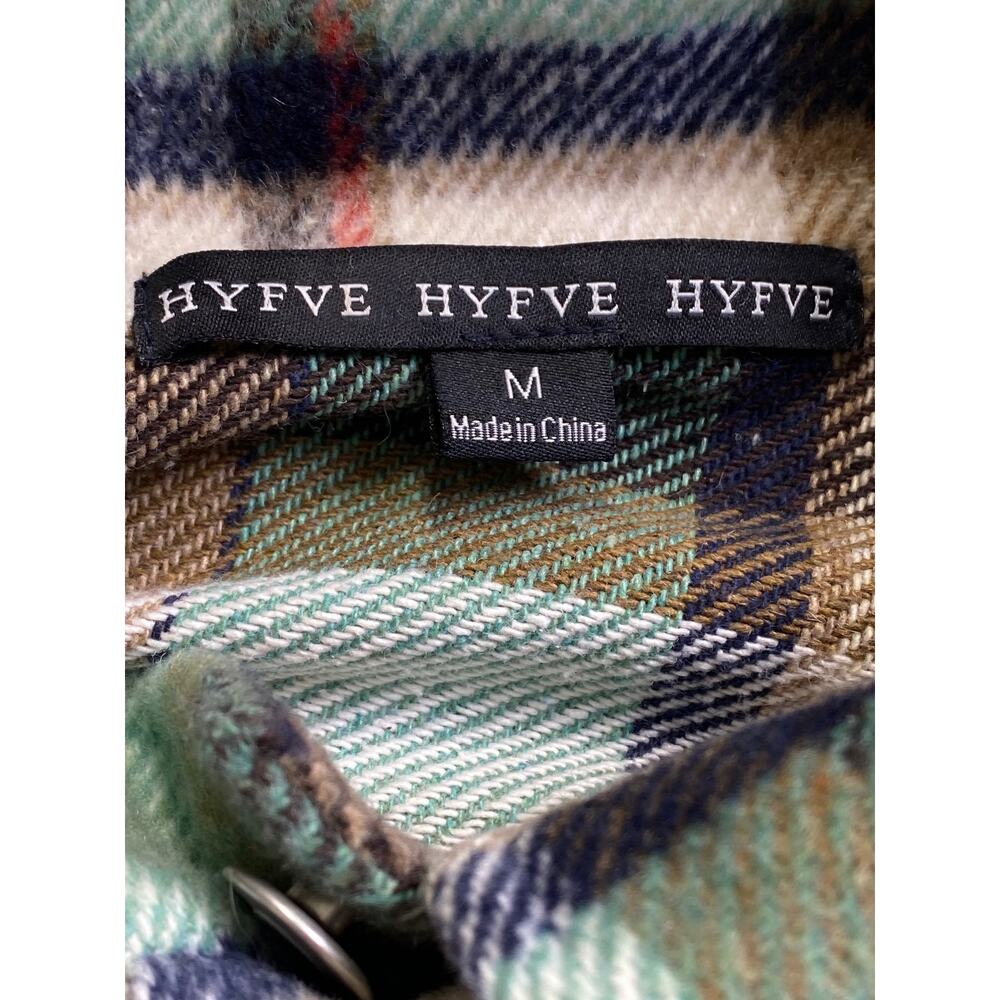 HYFVE Size Medium Cropped Plaid Flannel Shacket Jacket Teal Tan Back Buttons - Picture 10 of 14